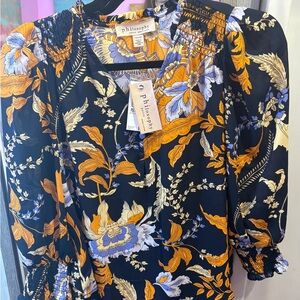 Philosophy Navy Floral Puff-Sleeve Top with Yellow & Lilac Blooms